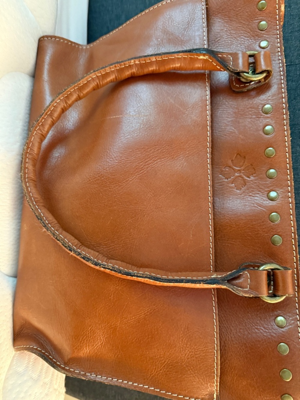 Patricia Nash Cognac Brown Leather Tote with Stud Accents